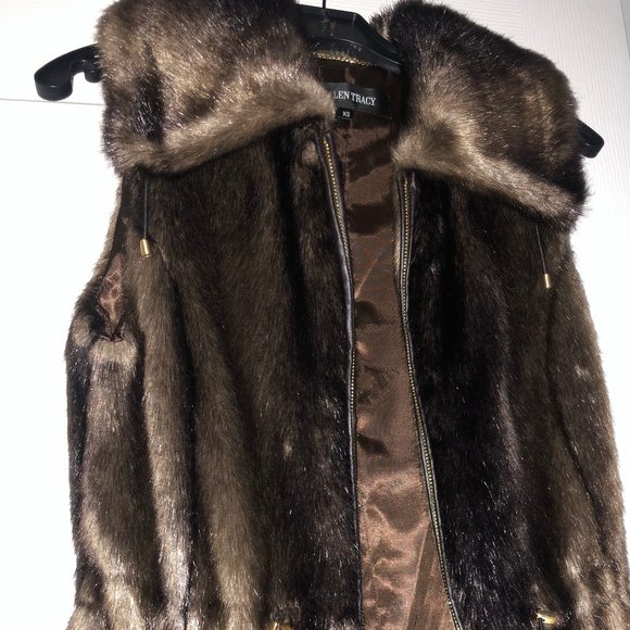 Ellen Tracy Faux Fur Vest, Brown, XS - Picture 7 of 10